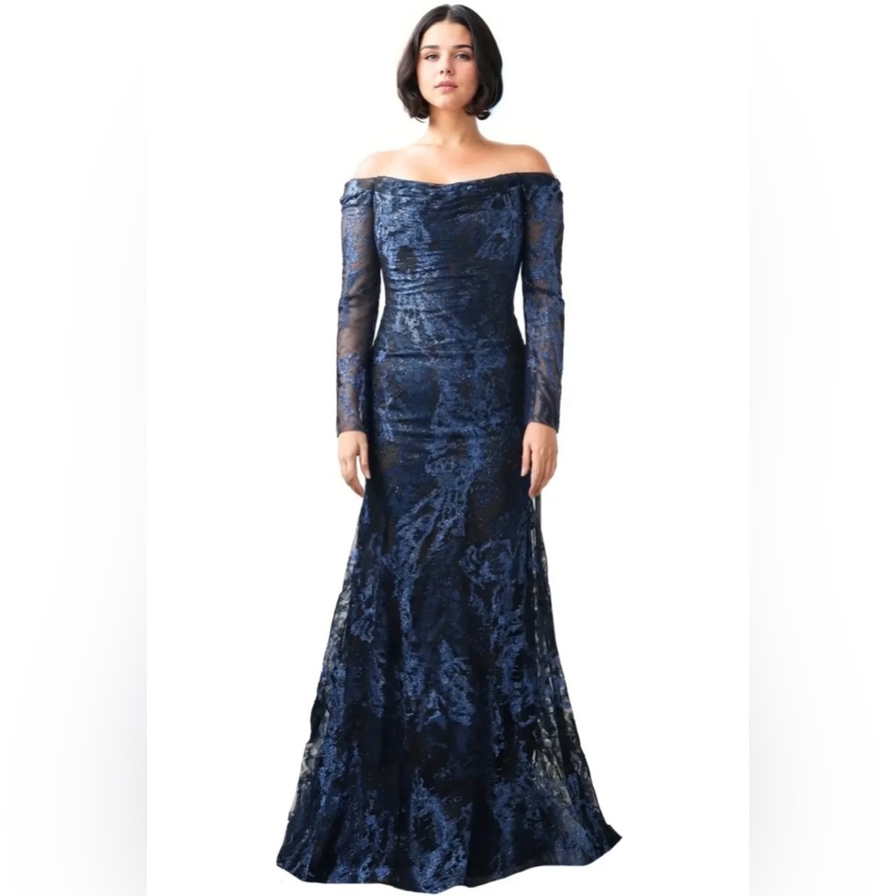 Rene Ruiz Collection Off The Shoulder Long Sleeve Fit And Flate Gown in Blue
